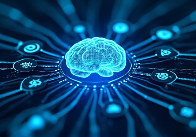 Abstract visualization of data flowing from different sources into a central AI hub